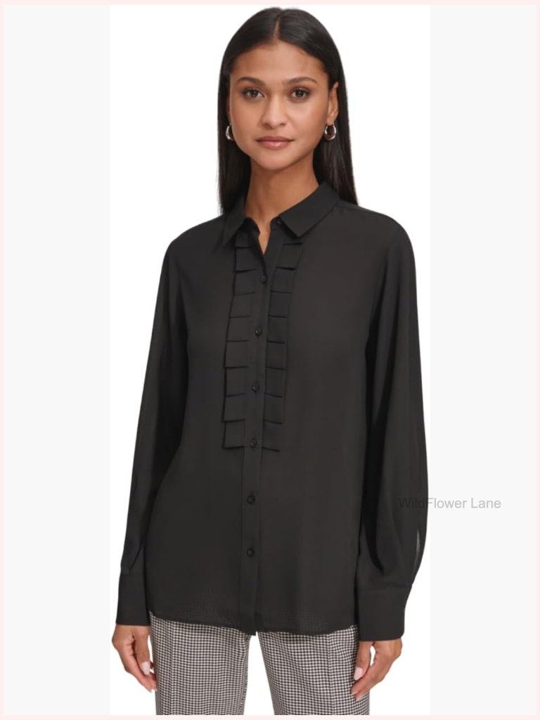Long Sleeve Collared Button Front Blouse With Ruffle Details, Polyester,